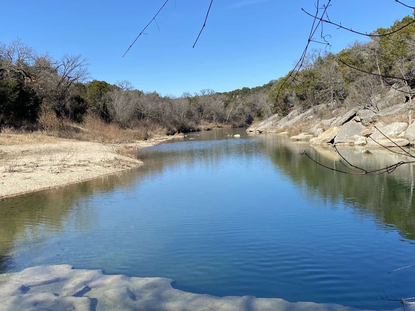 The clear Paluxy River winding through Dinosaur Valley State Park, Glen Rose, Texas