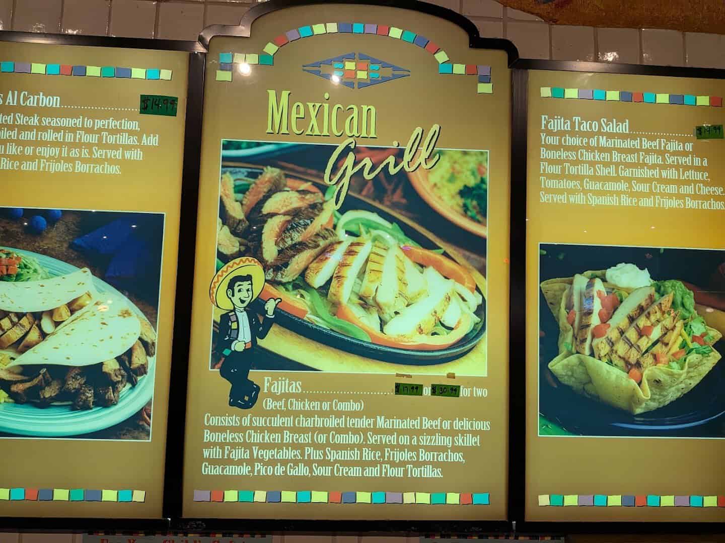 Menu board at Pancho's Mexican Buffet in Mesquite