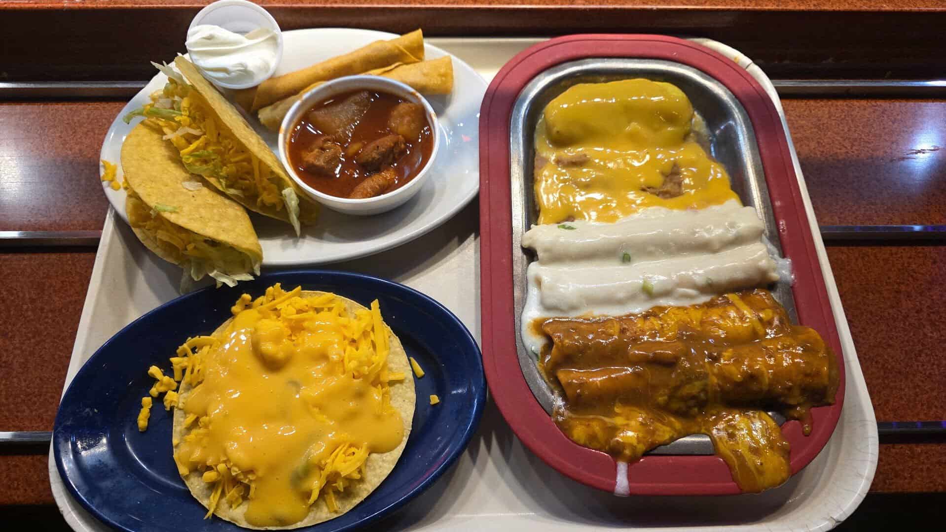 A plate of tacos, enchilada and chile relleno at Pancho's Mexican Buffet in Mesquite, Texas