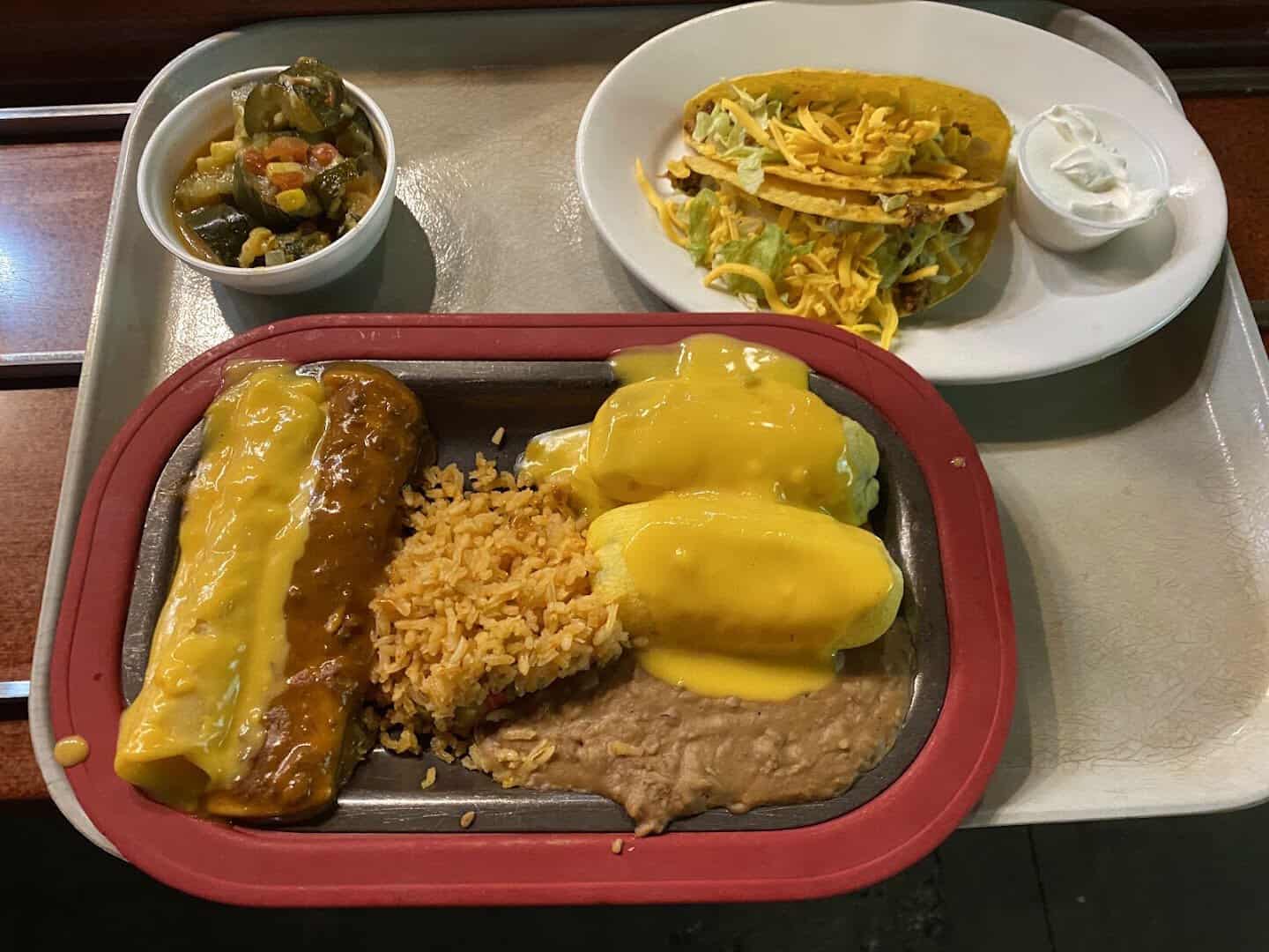 A tray with tamale, chile relleno and taco at Pancho's Mexican Buffet in Mesquite, Texas