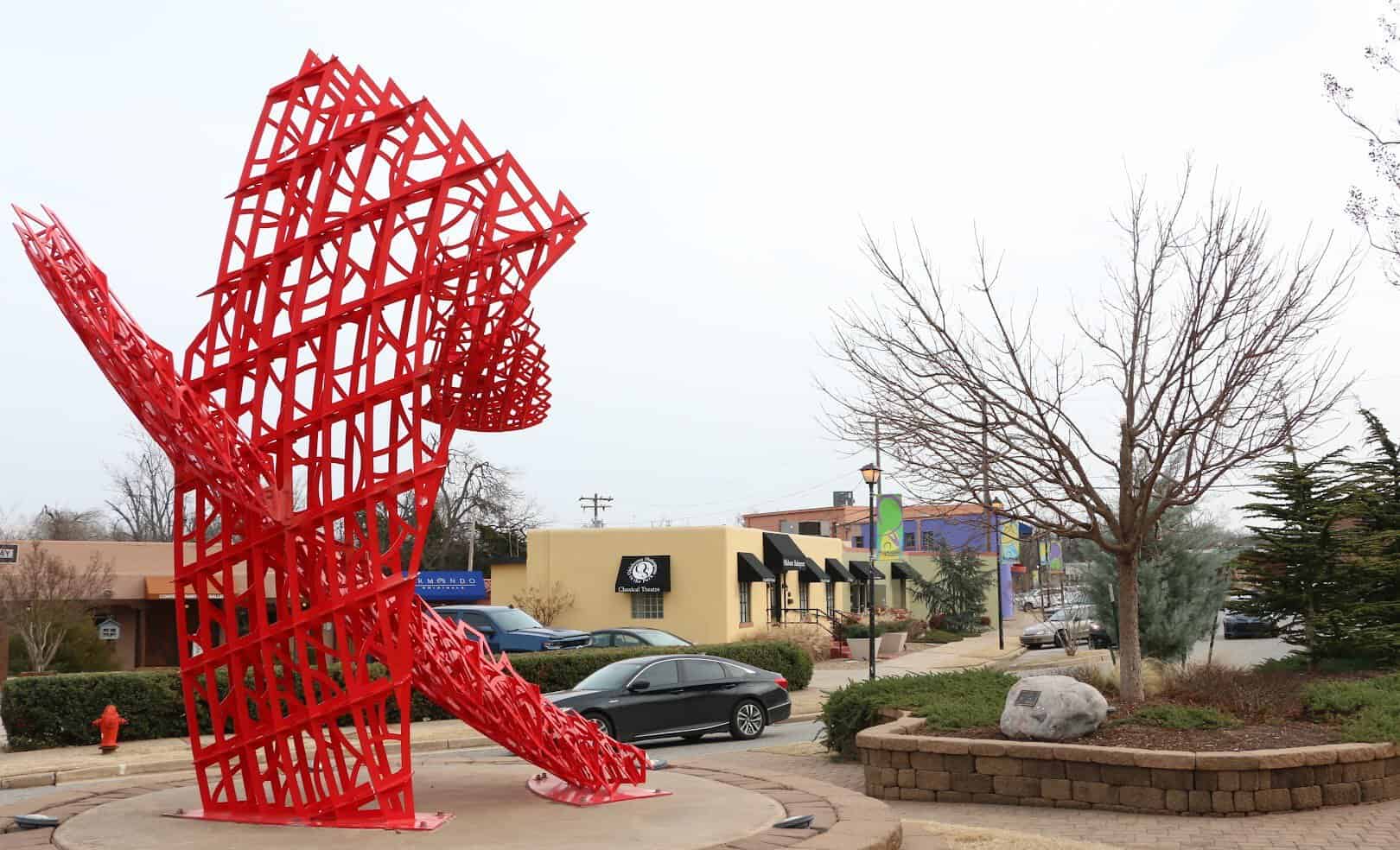 Red sculpture and galleries in the Paseo Arts District of Oklahoma City