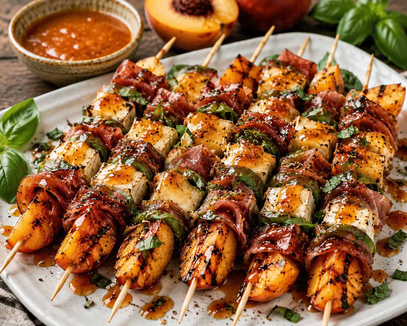 Grilled peach skewers with roasted raspberry chipotle glaze from Fischer and Wieser