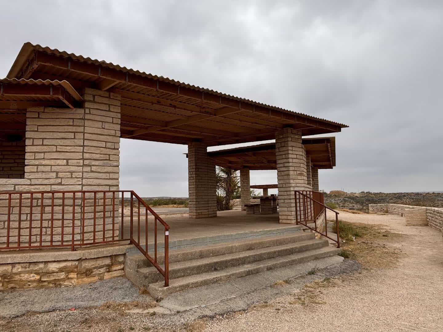 Covered stone picnic pavilion at the Pecos River overlook on US 90 near Comstock Texas