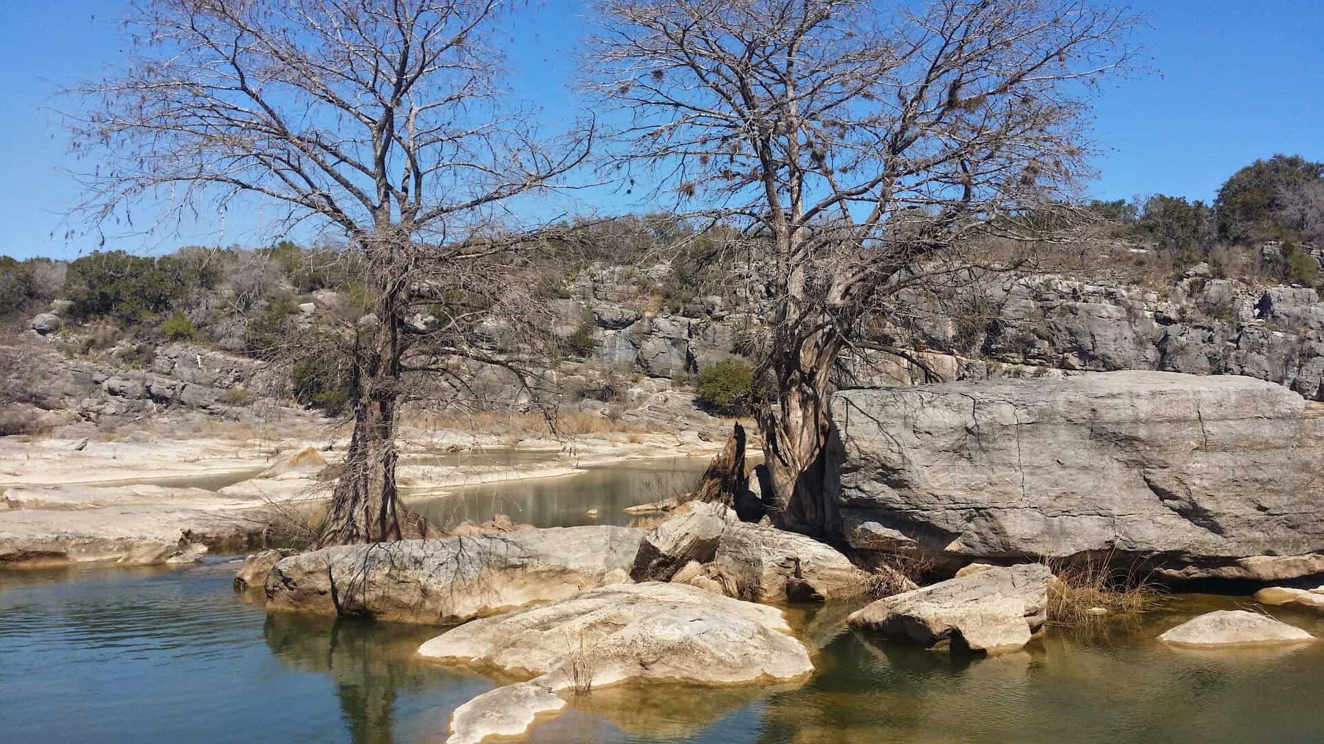 Calm stretch of the Pedernales River lined with cypress trees