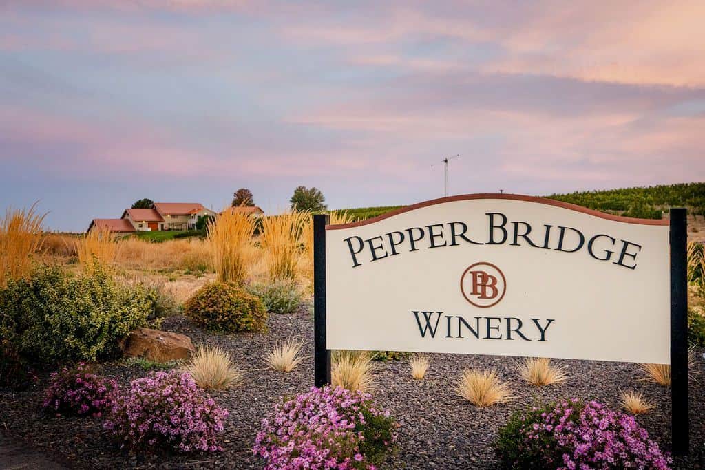 Pepper Bridge Winery estate at sunset in Walla Walla, Washington