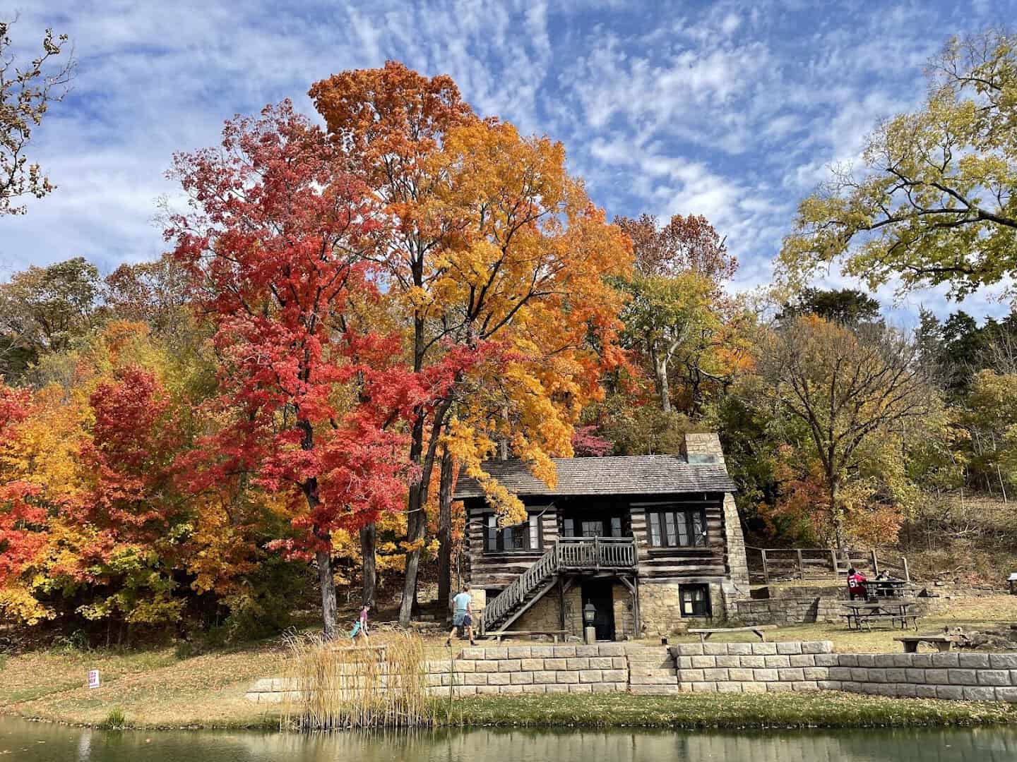 The historic lodge framed by autumn color at Pere Marquette State Park, Illinois