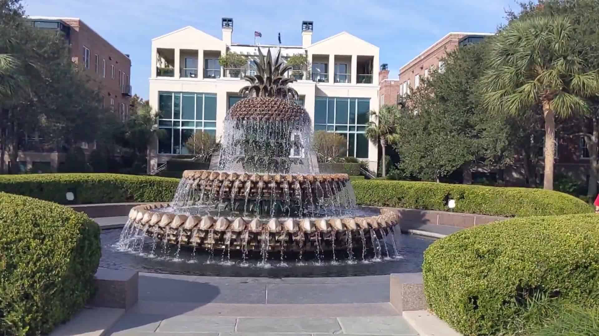 Pineapple Fountain and palmettos at Waterfront Park, Charleston, South Carolina
