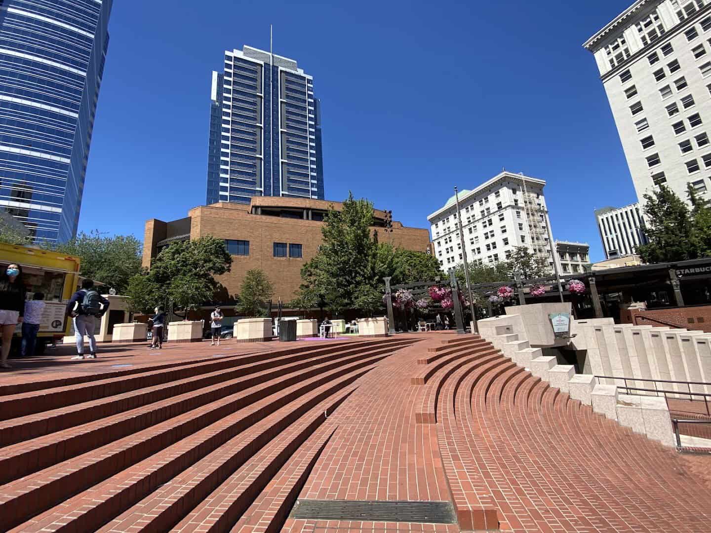 Brick steps of Pioneer Courthouse Square in downtown Portland, Oregon