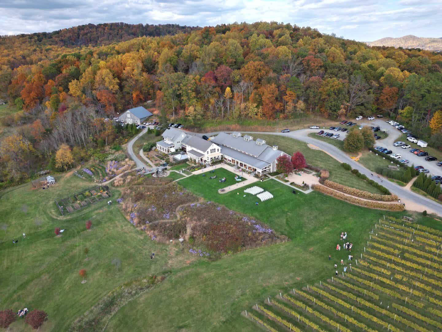Pippin Hill Farm and Vineyards with autumn foliage on the Blue Ridge Mountains, North Garden, Virginia