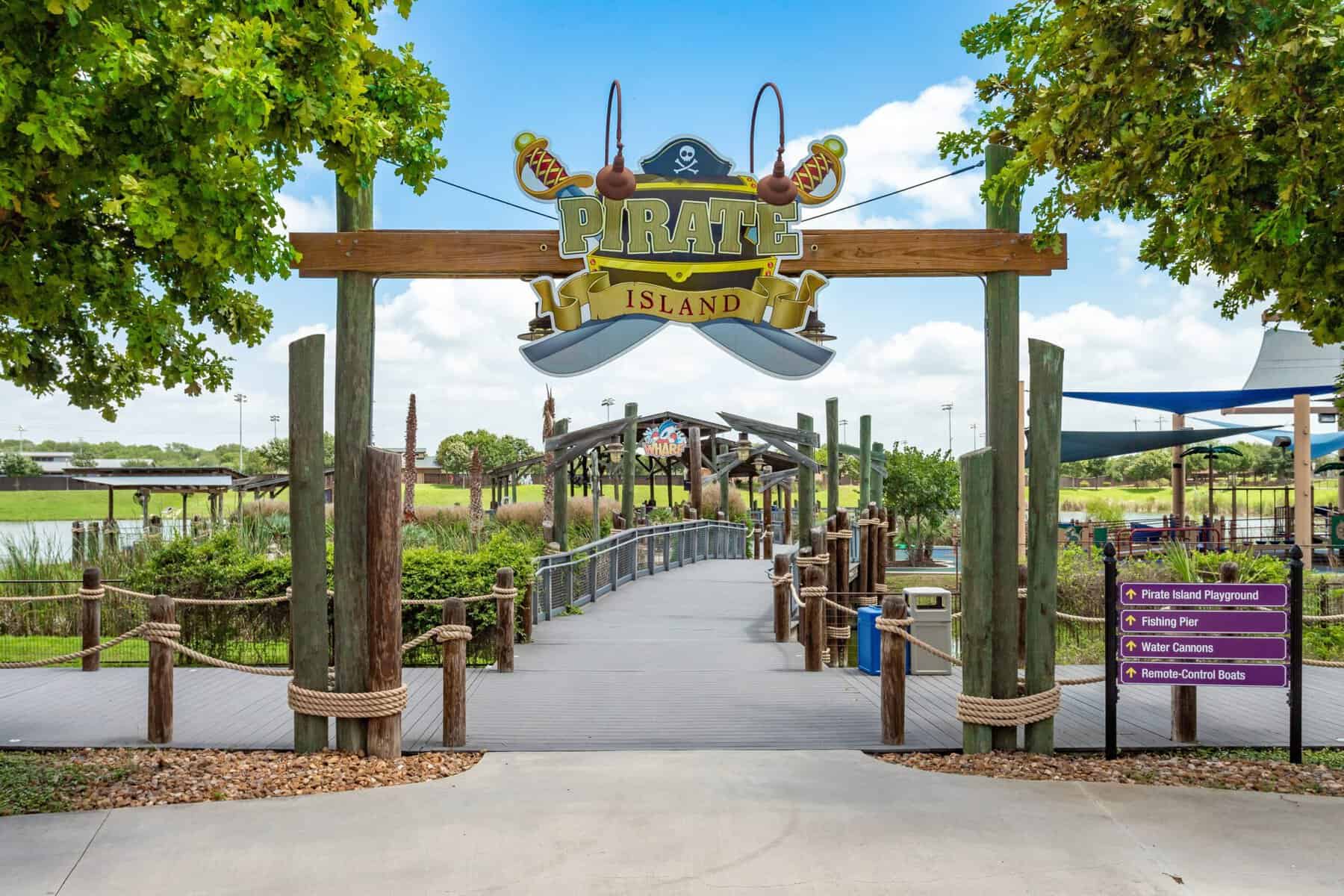 Pirate Island entrance arch and wide smooth path at Morgan's Wonderland