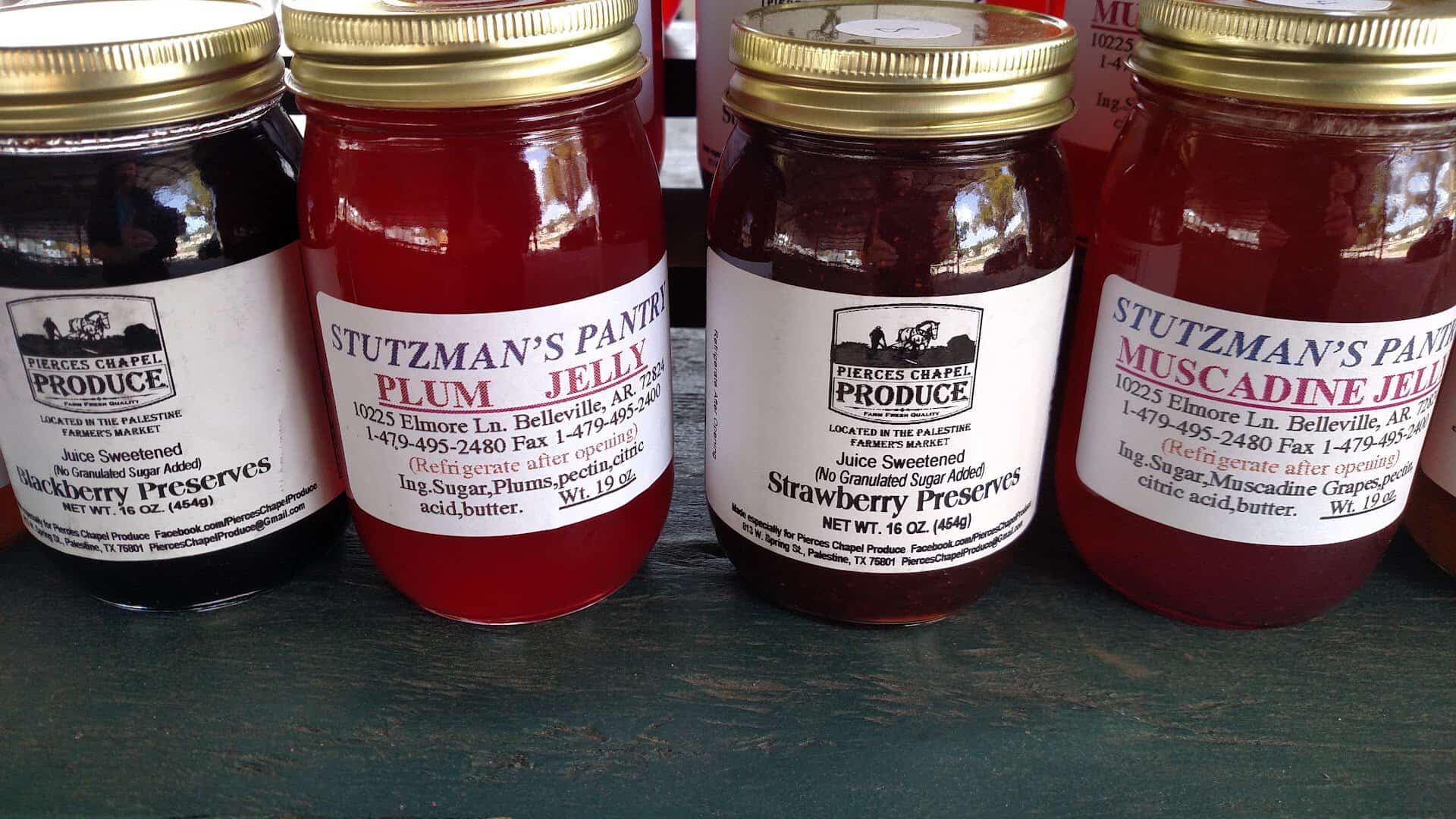 Jars of plum and muscadine jam at the Palestine Farmers Market