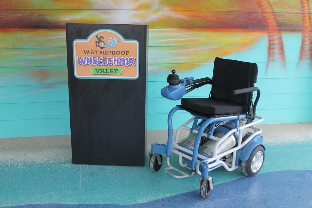 PneuChair waterproof wheelchair at the valet at Morgan's Inspiration Island