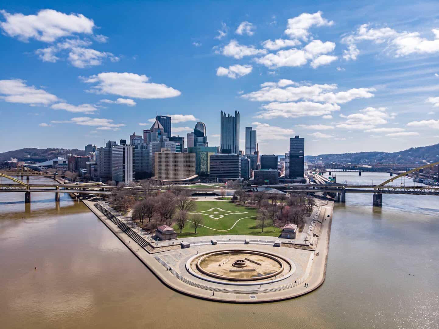 Aerial view of Point State Park where three rivers meet below the Pittsburgh skyline, Pennsylvania