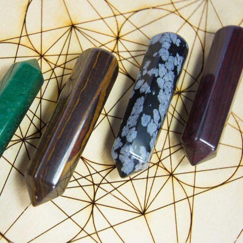 Polished crystal points on a grid cloth at Nature's Treasures in Austin