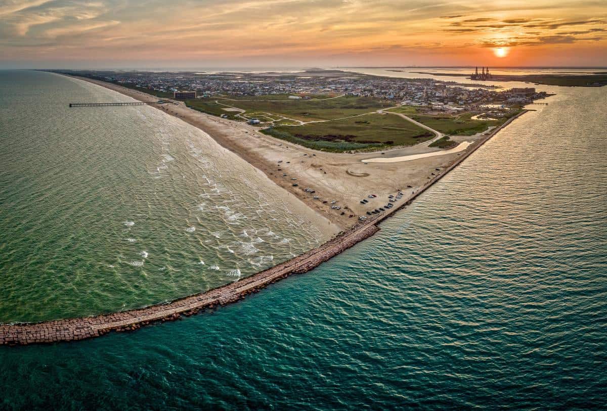 Aerial view of the beach and shoreline at Port Aransas on Mustang Island, Texas