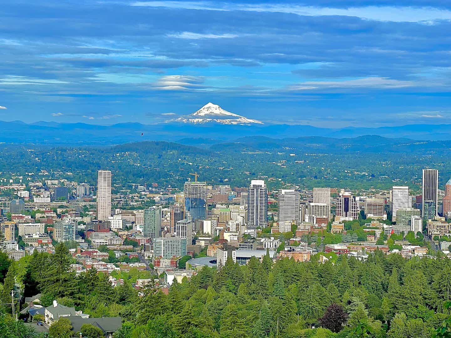 Downtown Portland skyline with Mount Hood in the distance in Portland, Oregon