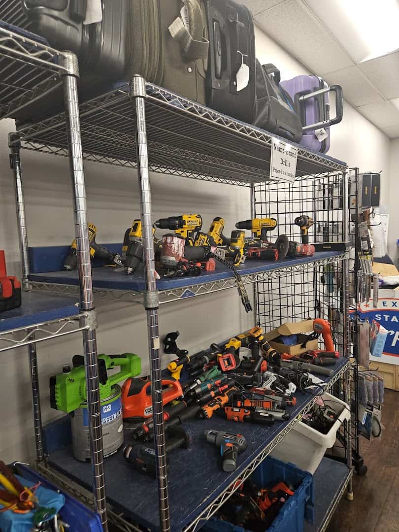 Shelf of power tools and drills at the State Surplus Store in Austin