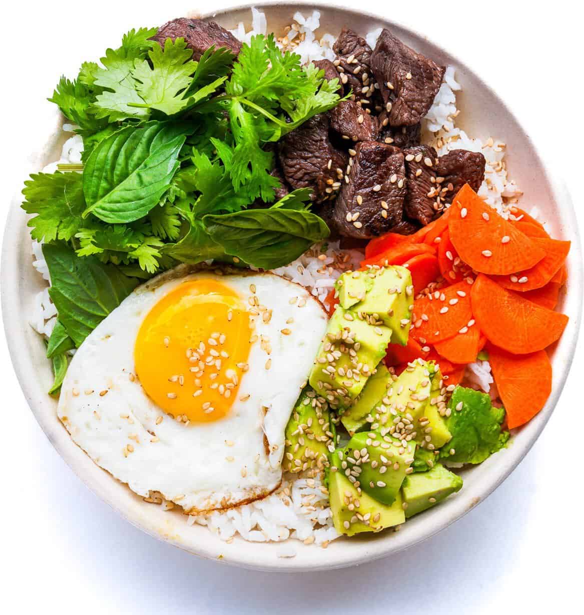 A composed rice bowl with grilled beef at Pullman Market