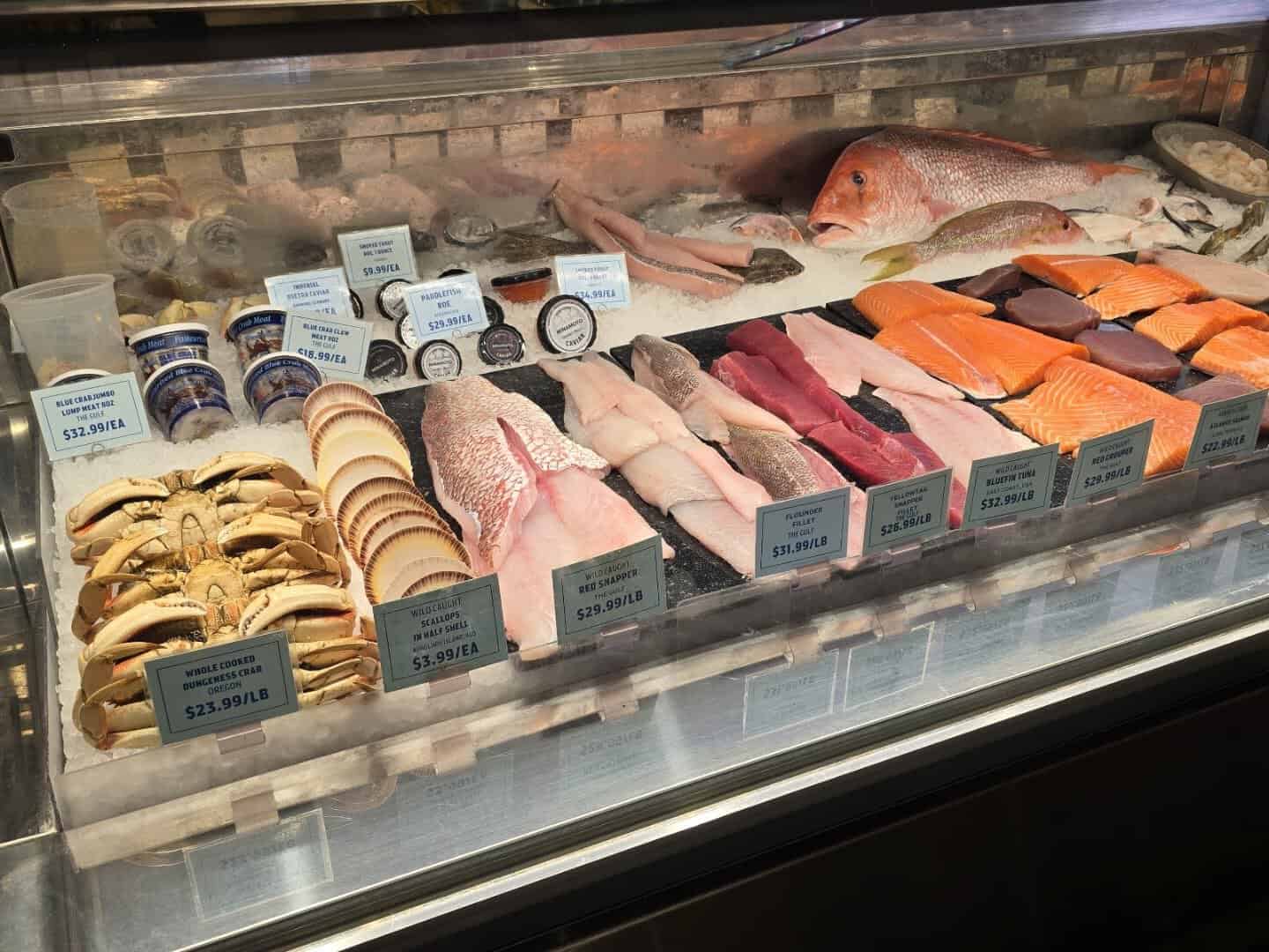 The fresh Gulf seafood case at Pullman Market in San Antonio