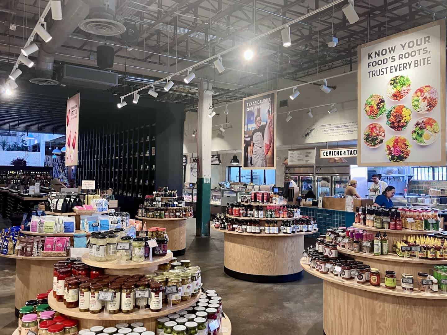 Specialty grocery jars and pantry goods at Pullman Market in San Antonio