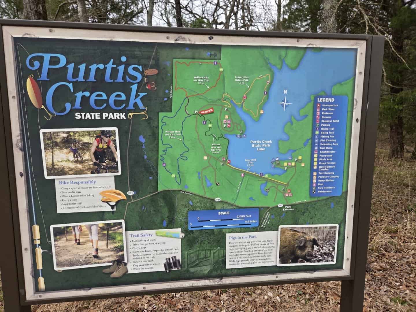 Purtis Creek State Park information and trail map sign
