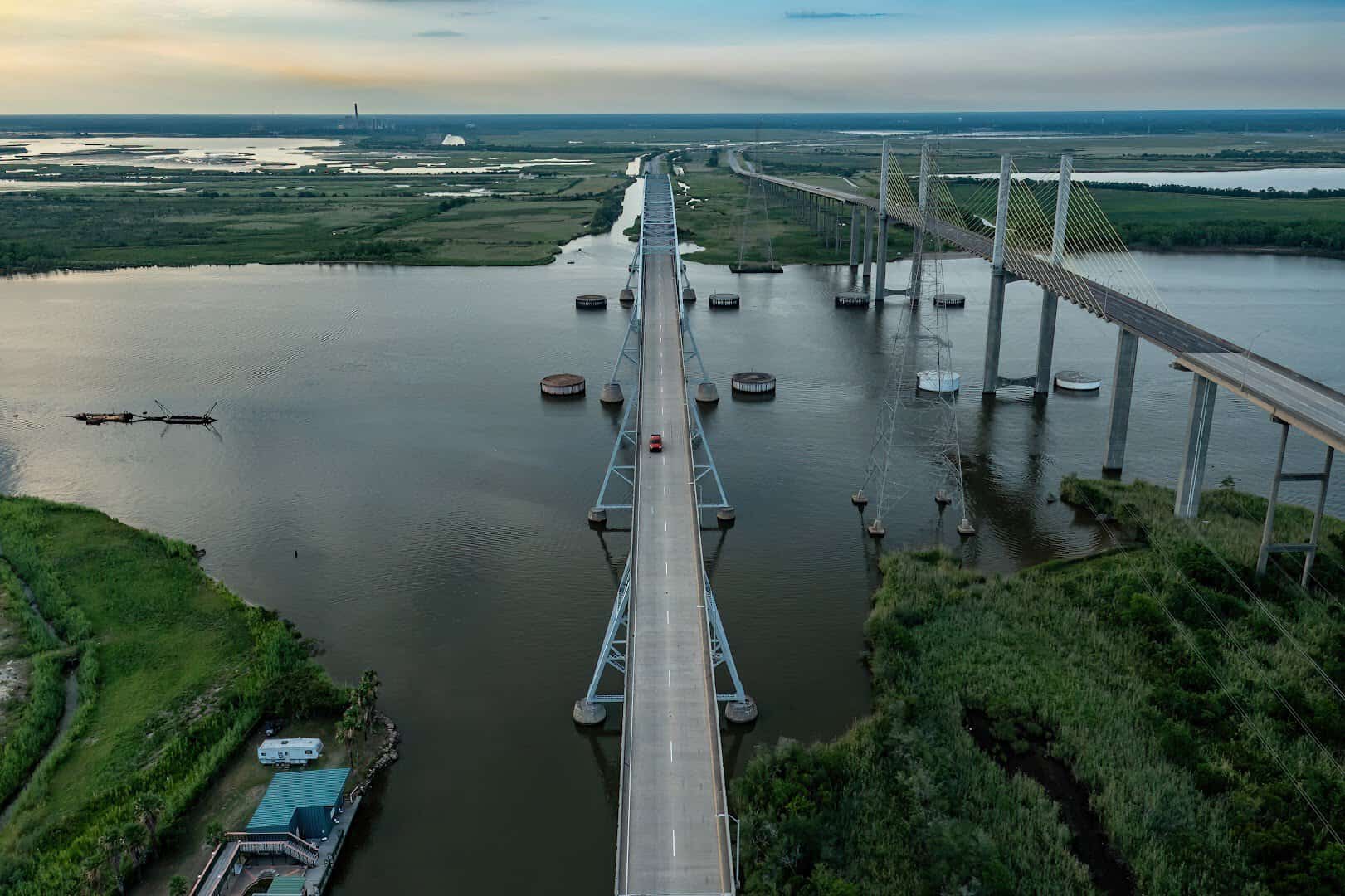 Aerial view of the Rainbow Bridge crossing the Neches River in Southeast Texas
