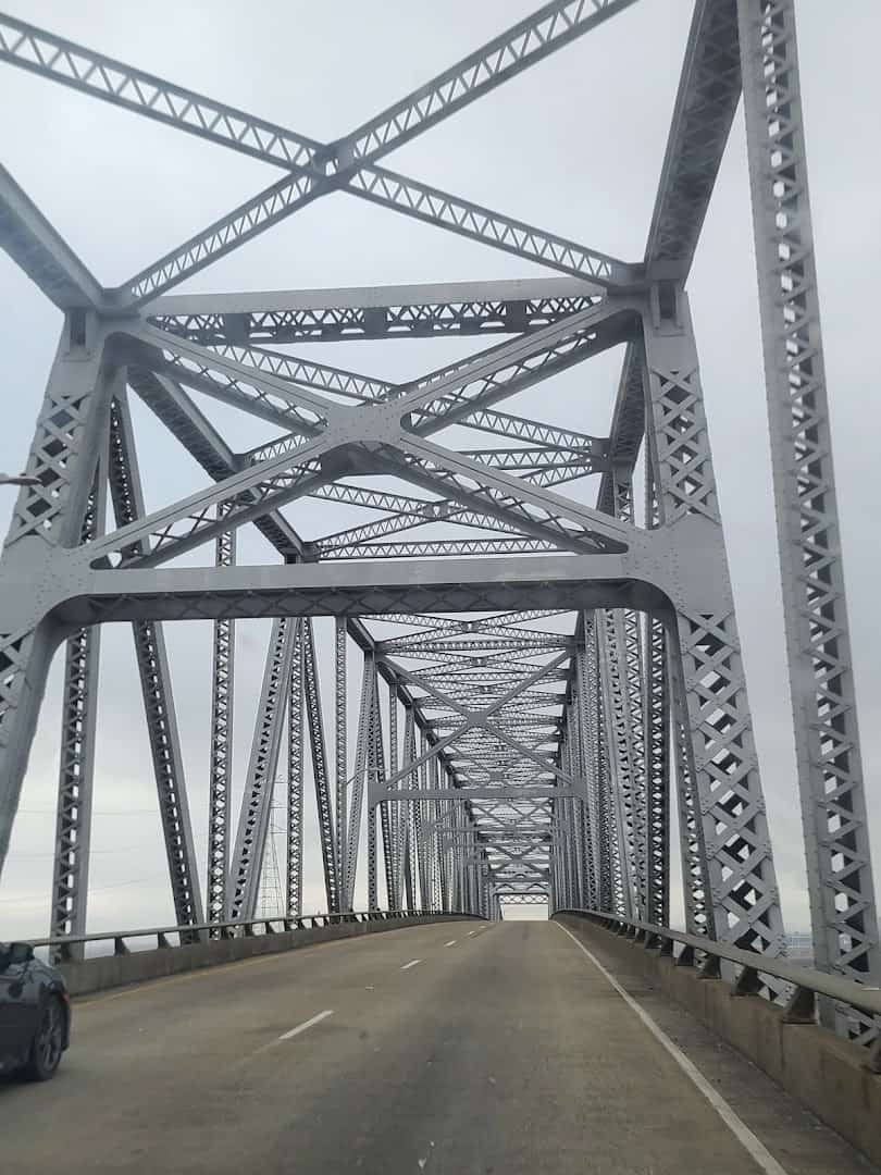 Looking up at the steel superstructure of the Rainbow Bridge while crossing, Texas