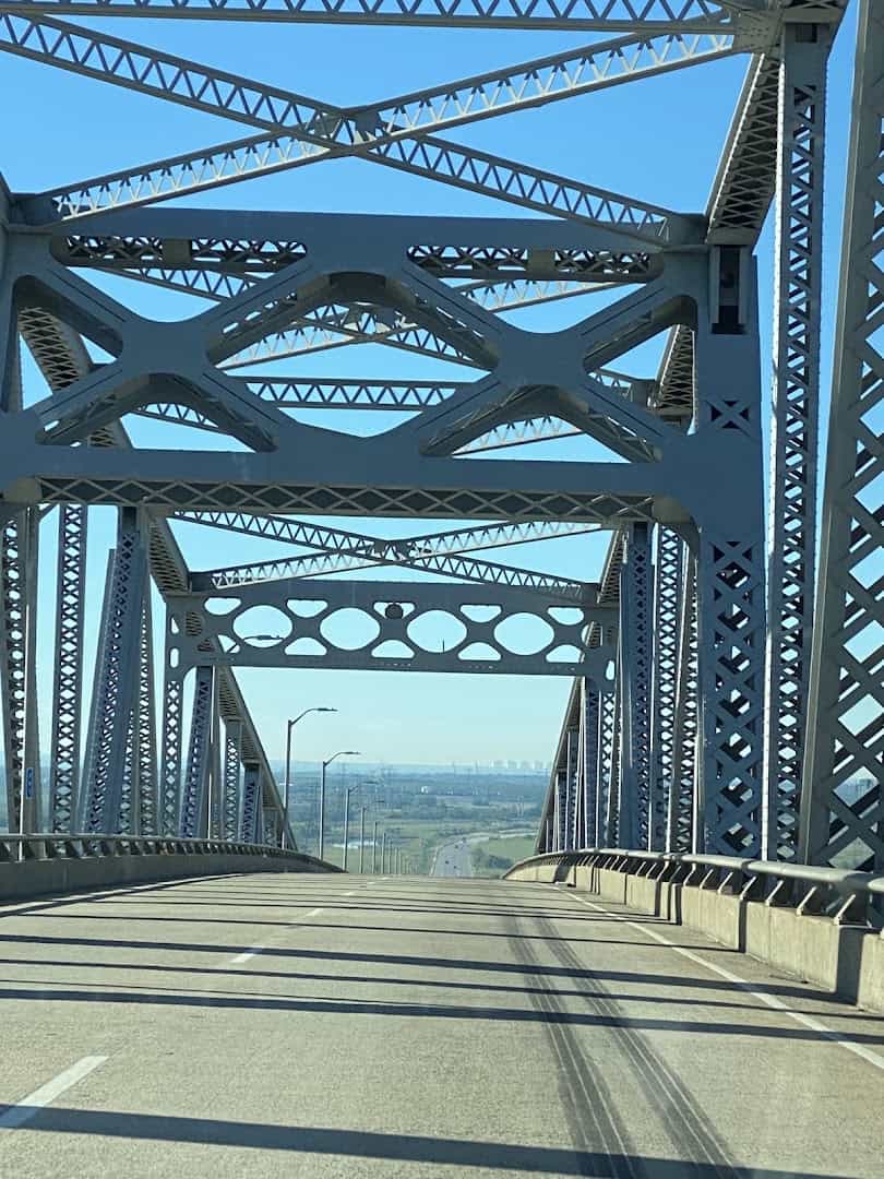 The view through the steel trusses while crossing the Rainbow Bridge in Texas