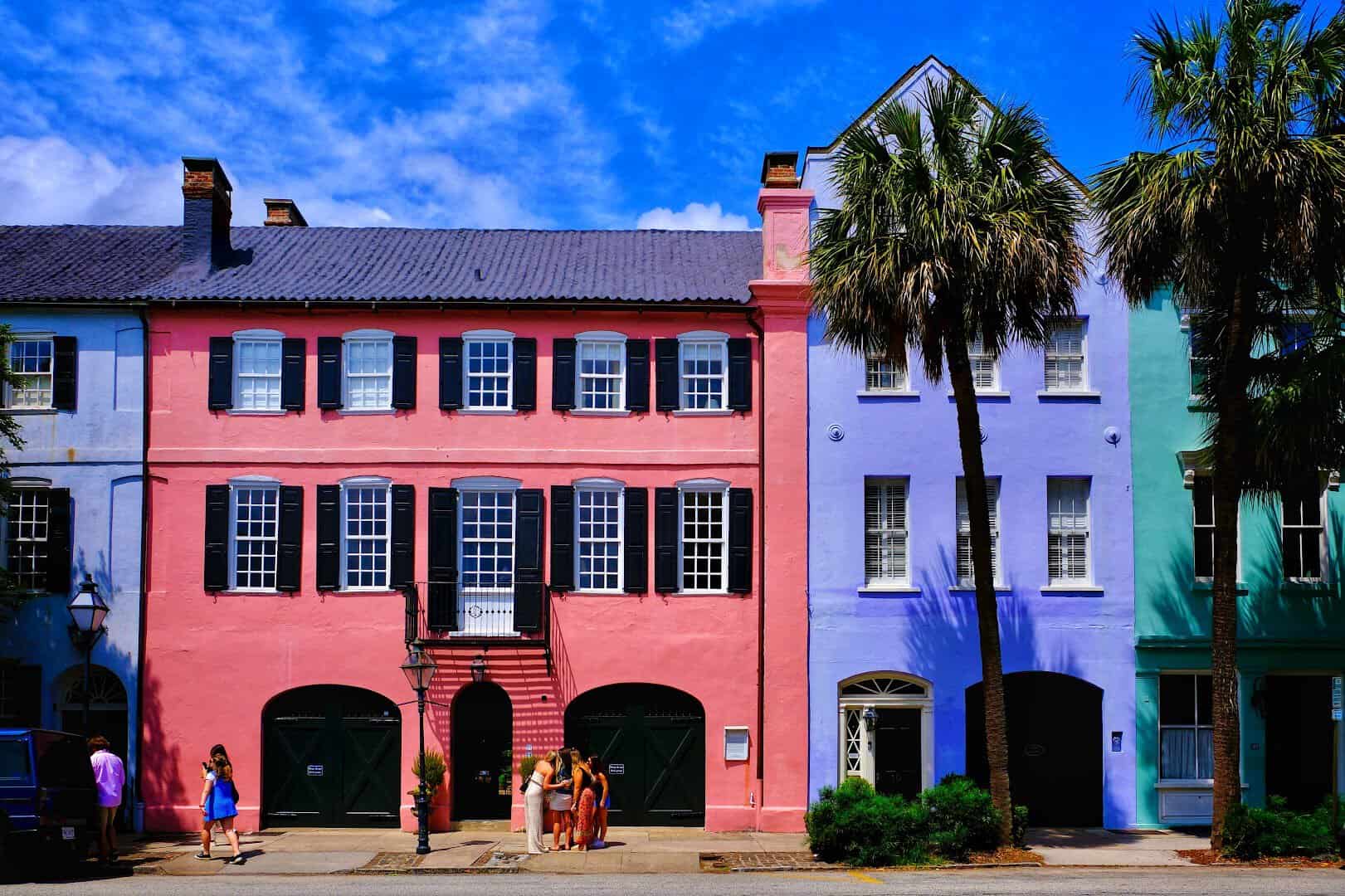 The pastel historic houses of Rainbow Row along East Bay Street, Charleston, South Carolina