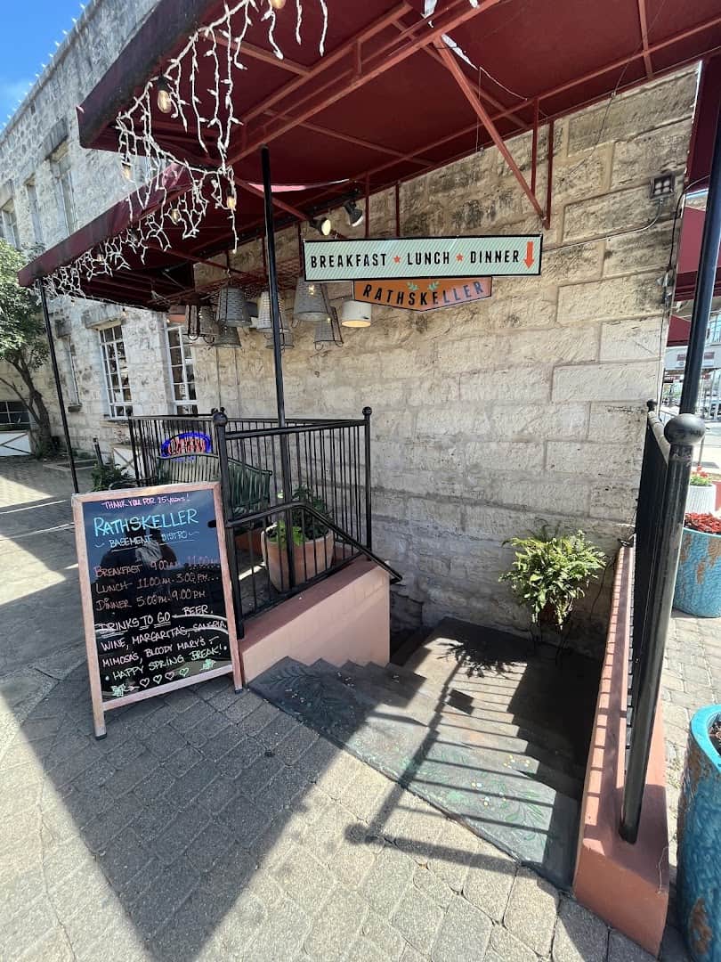 Street level stairwell and awning at the Rathskeller Bistro on Main Street in Fredericksburg