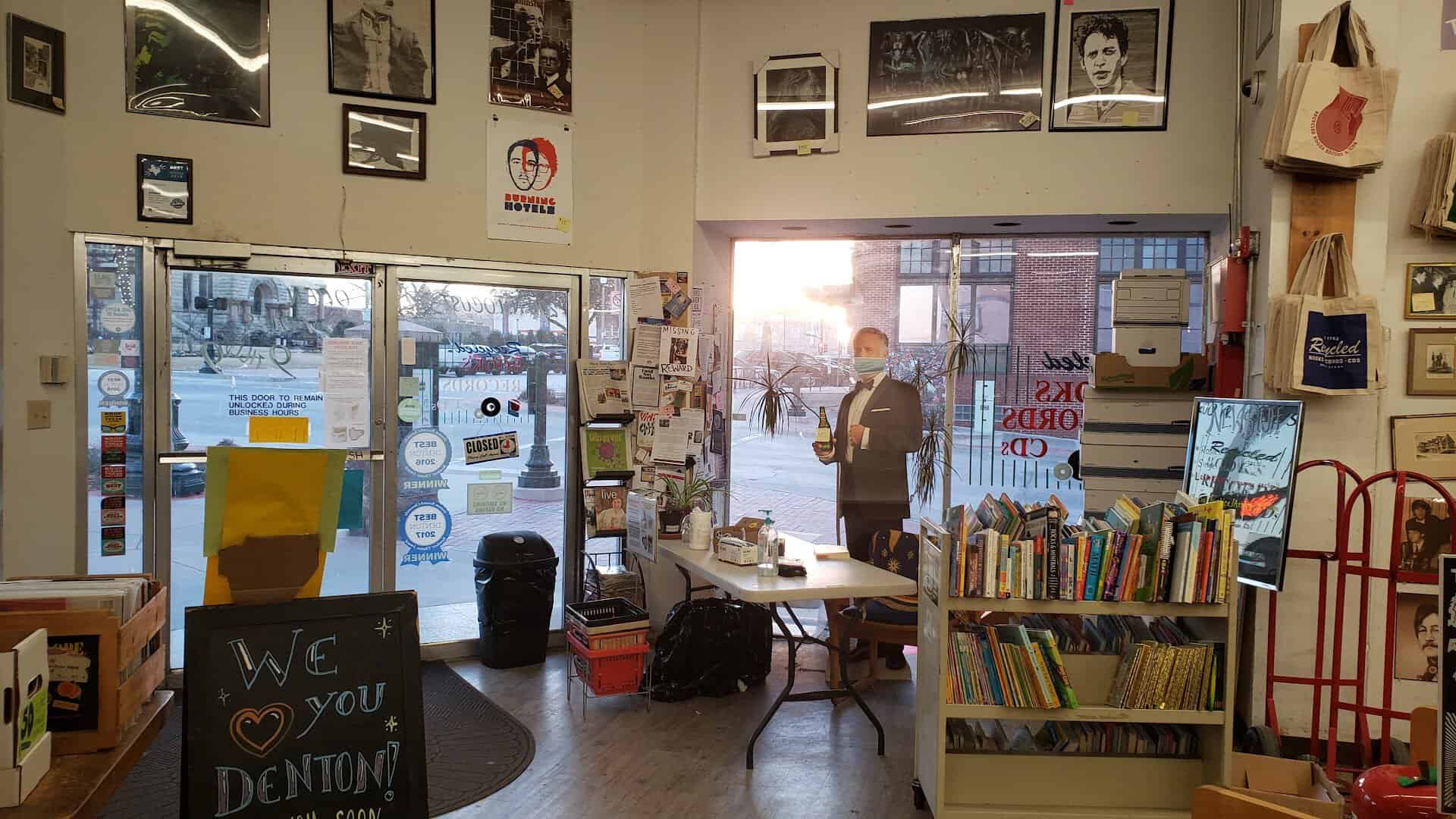 Front room and window of Recycled Books, Records and CDs in Denton, Texas