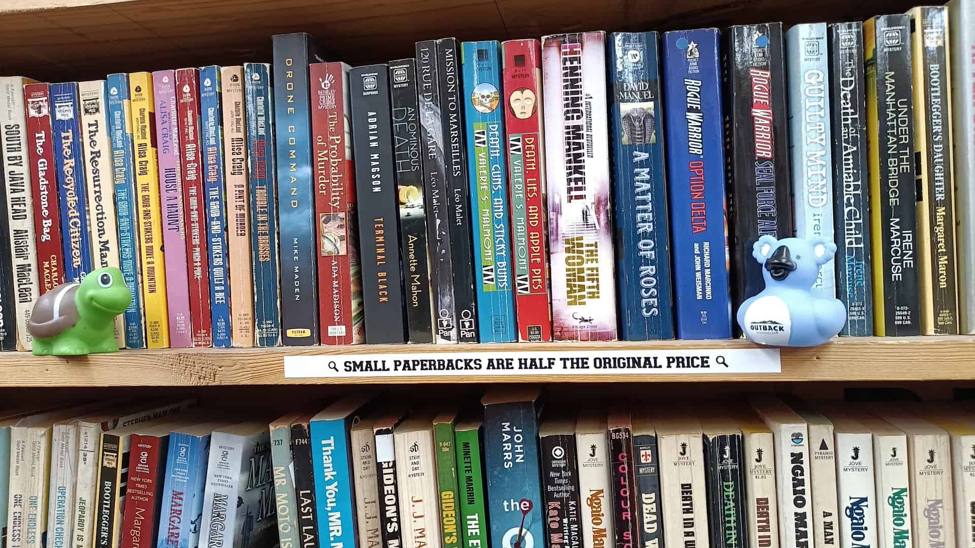Packed shelves of used books at Recycled Books in Denton, Texas
