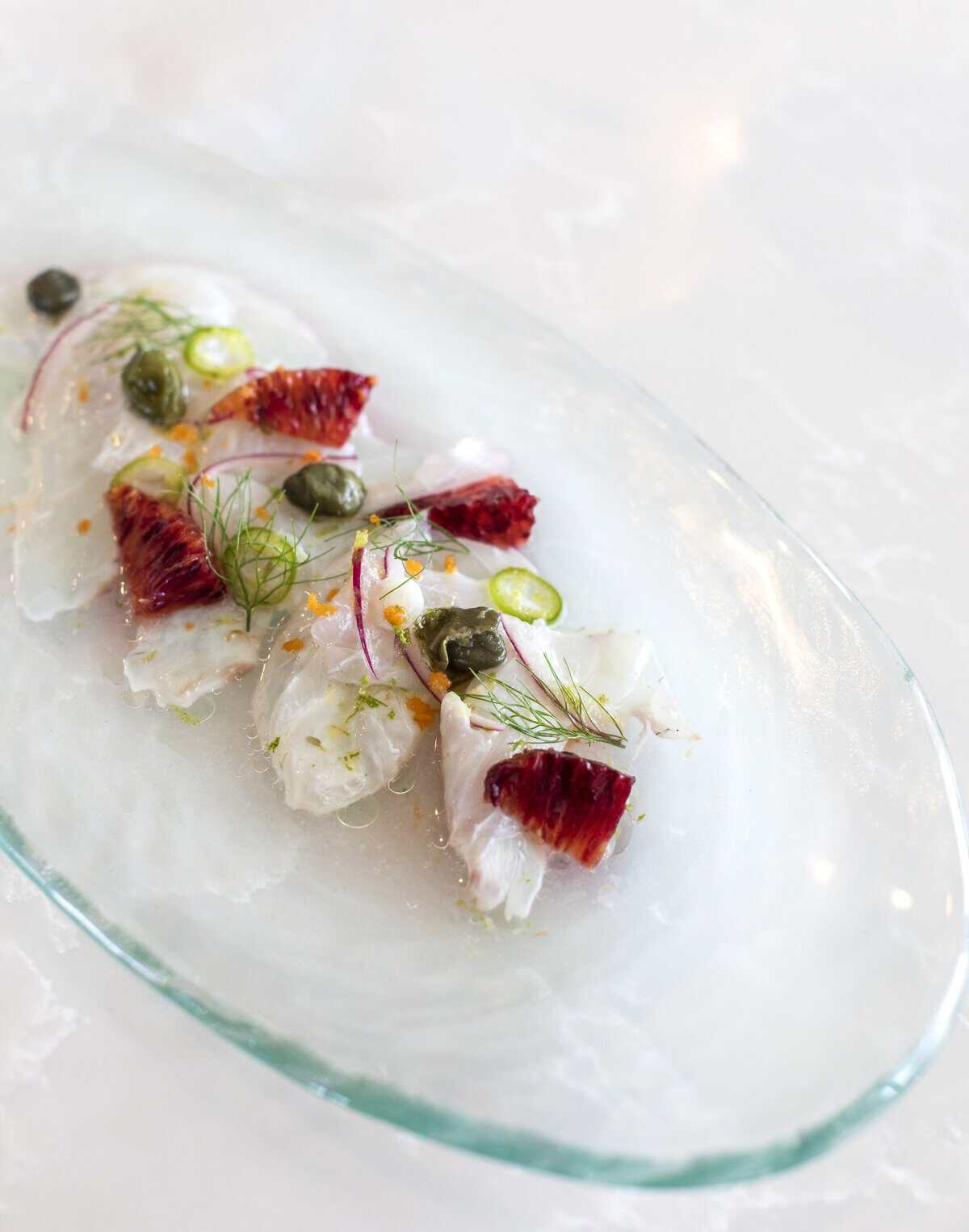 Redfish crudo with capers and blood orange at Pier 6 in San Leon, Texas