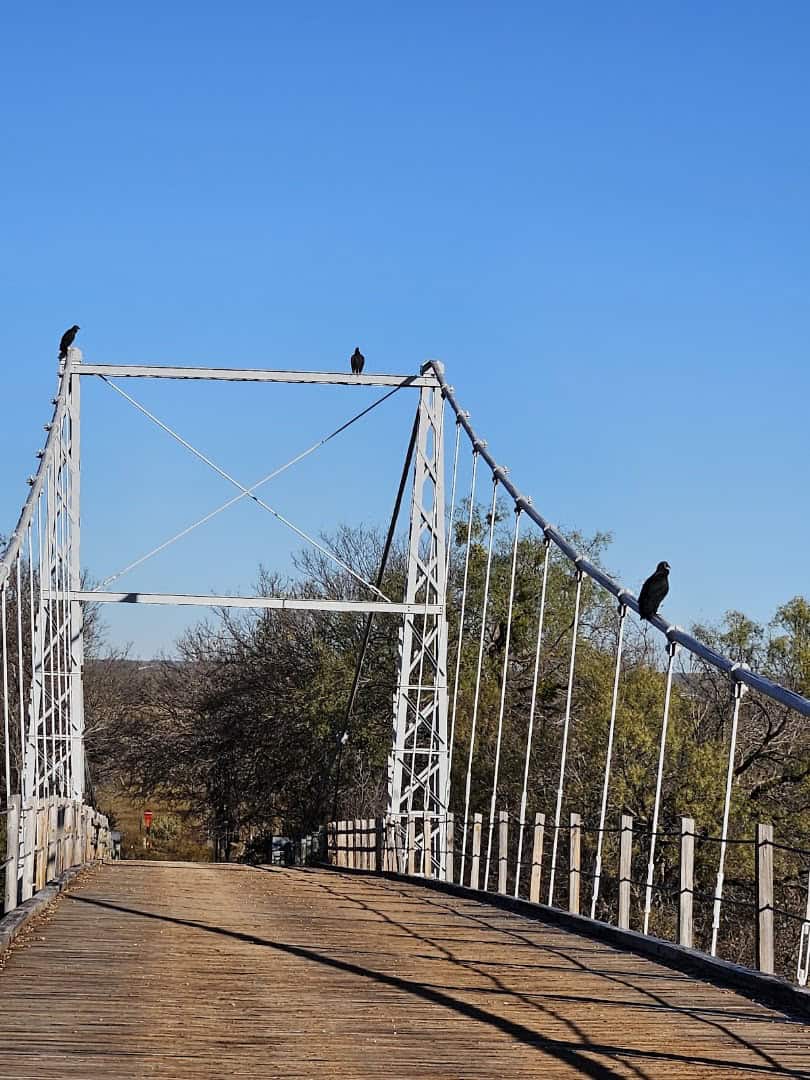 The steel towers and cables of the Regency Suspension Bridge in Mills County, Texas