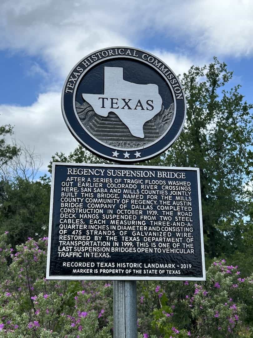 Texas historical marker for the Regency Suspension Bridge