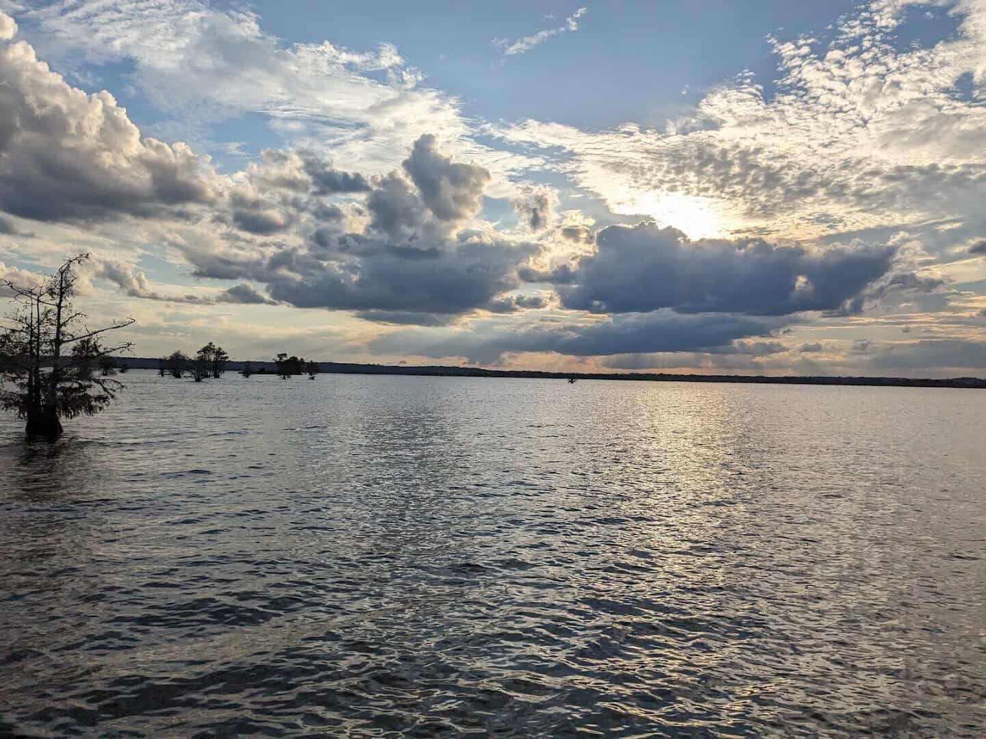 A wide view of B.A. Steinhagen Reservoir under dramatic clouds at Martin Dies Jr State Park