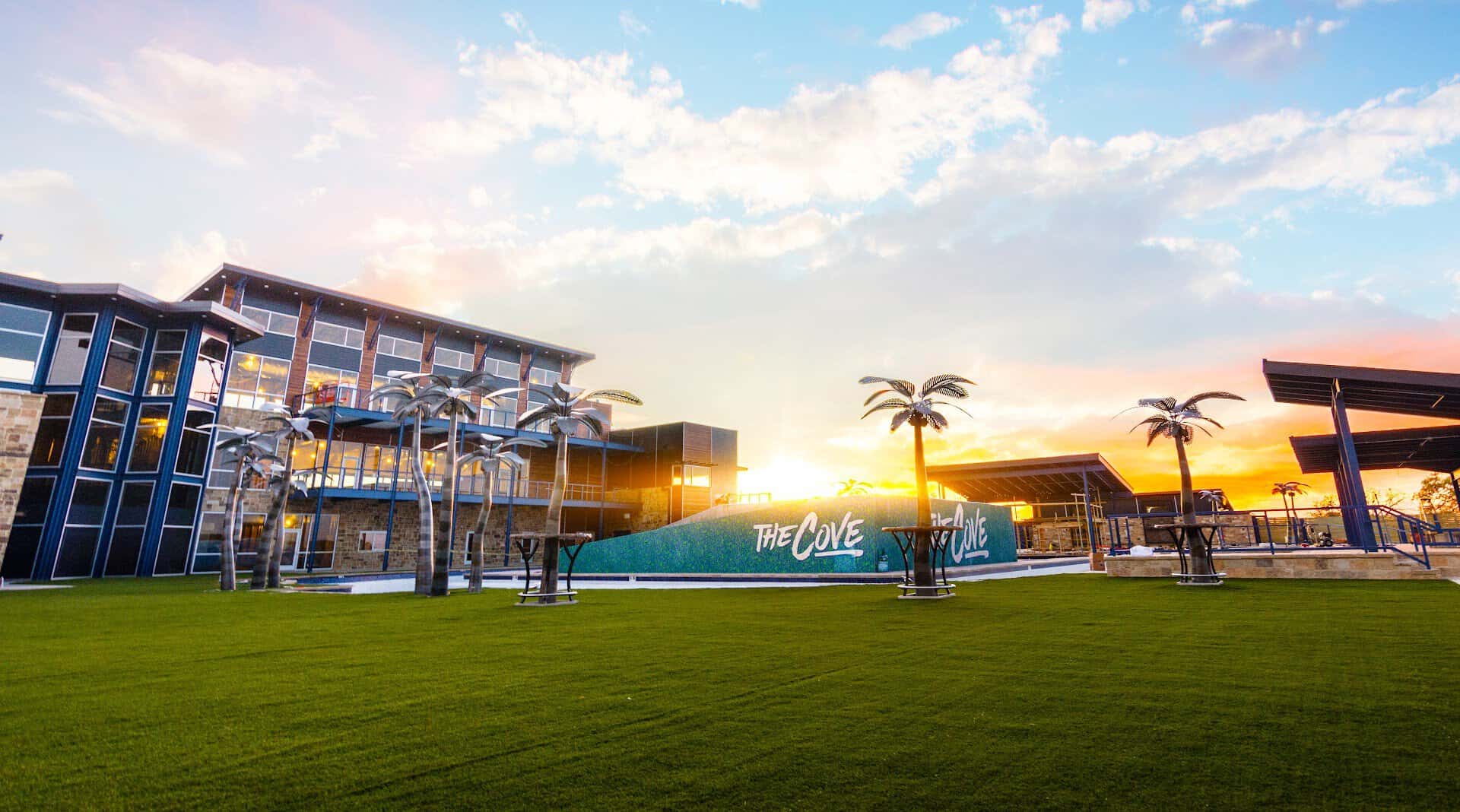 The Cove at BearX resort buildings at sunset in College Station, Texas