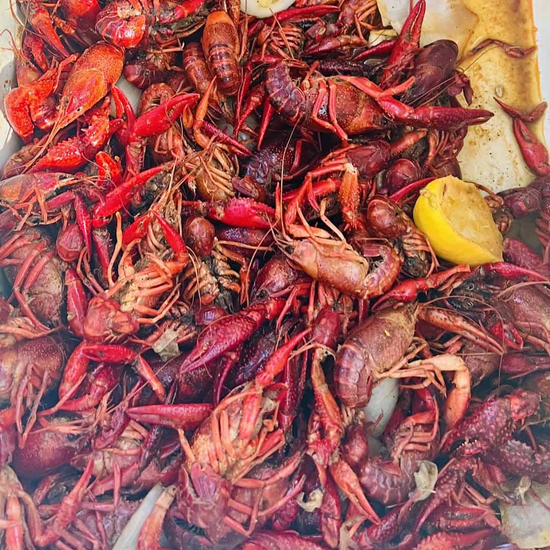 A tray of a Texas crawfish boil with lemon served at Riley's Tavern in Hunter, Texas