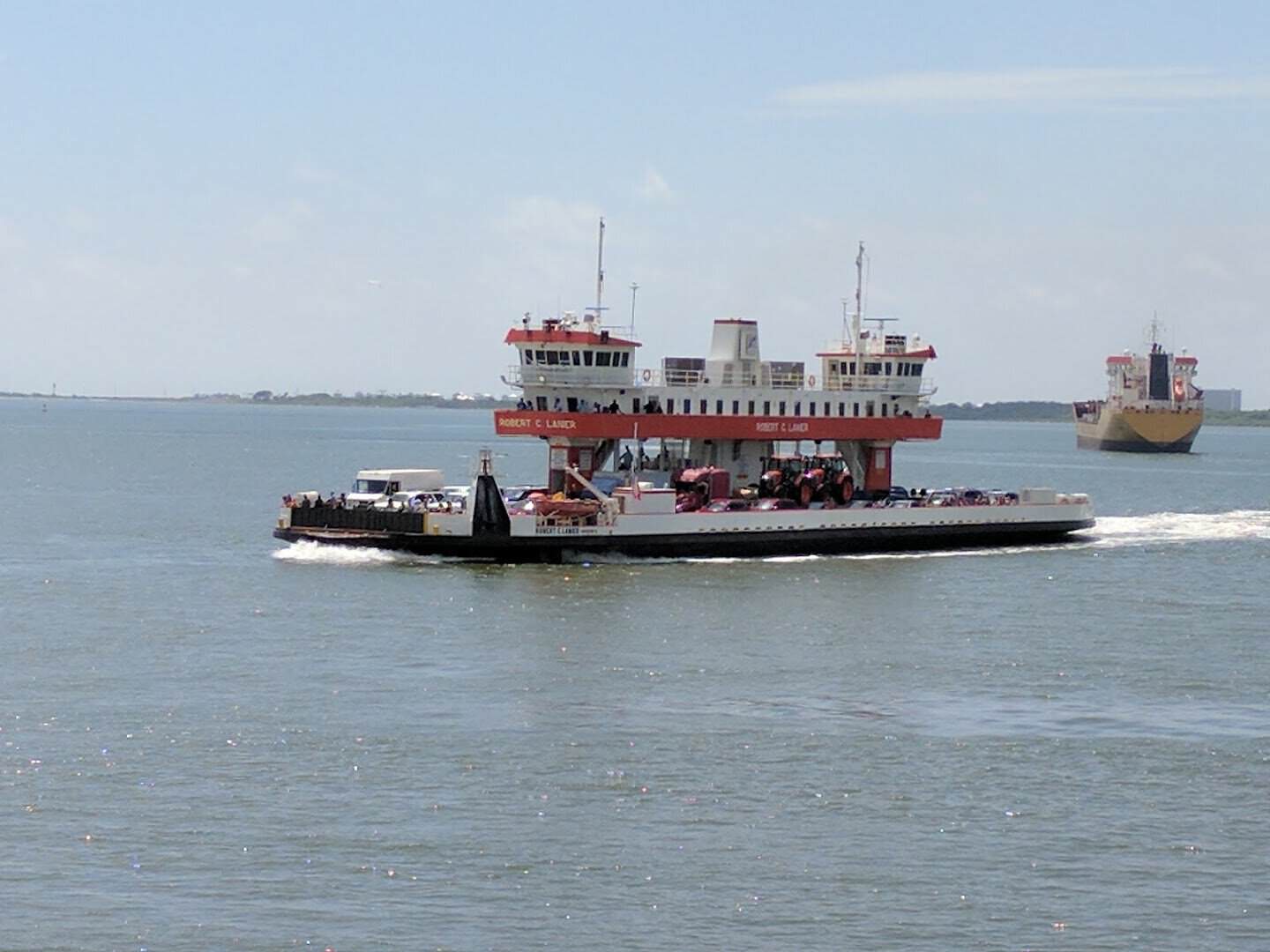 The Robert C. Lanier ferry crossing open water on Galveston Bay toward Port Bolivar
