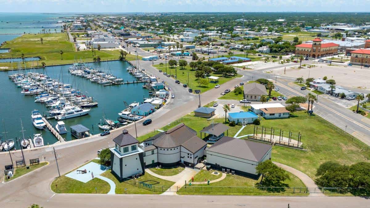 Aerial view of Rockport Harbor and marina on the Texas Gulf Coast, Rockport, Texas
