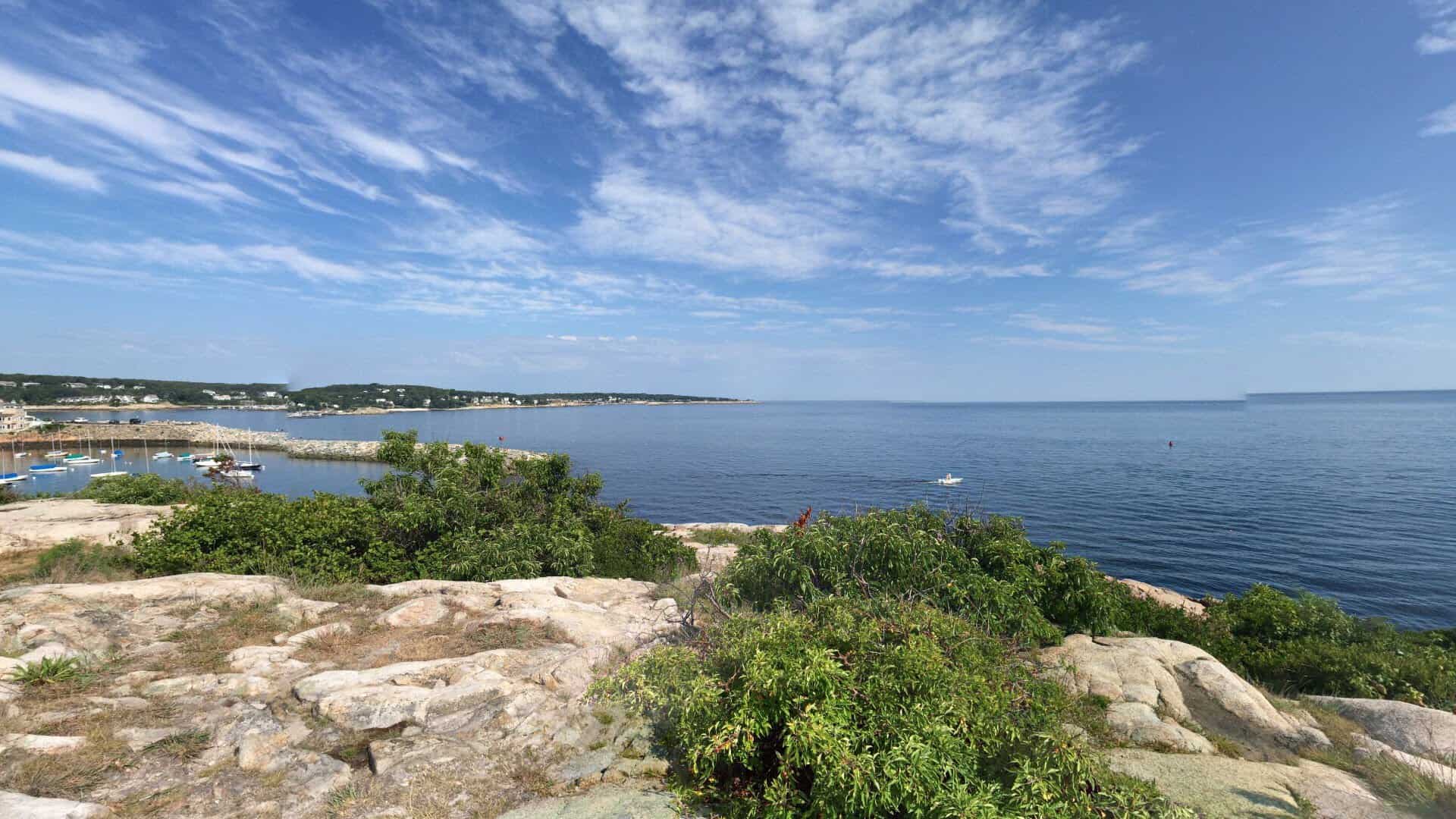 Rocky granite coast and harbor at Rockport, Massachusetts