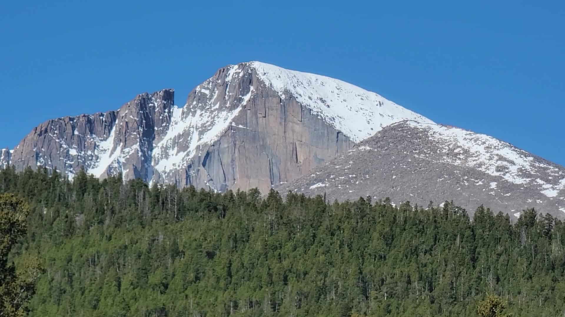 Snow-capped Longs Peak in Rocky Mountain National Park in winter, Colorado
