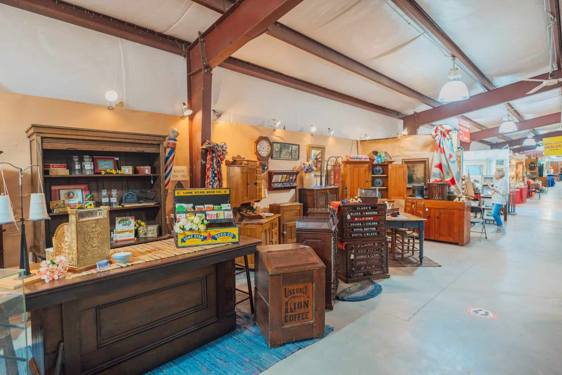 An antique mercantile counter and cabinets at the Round Top fair
