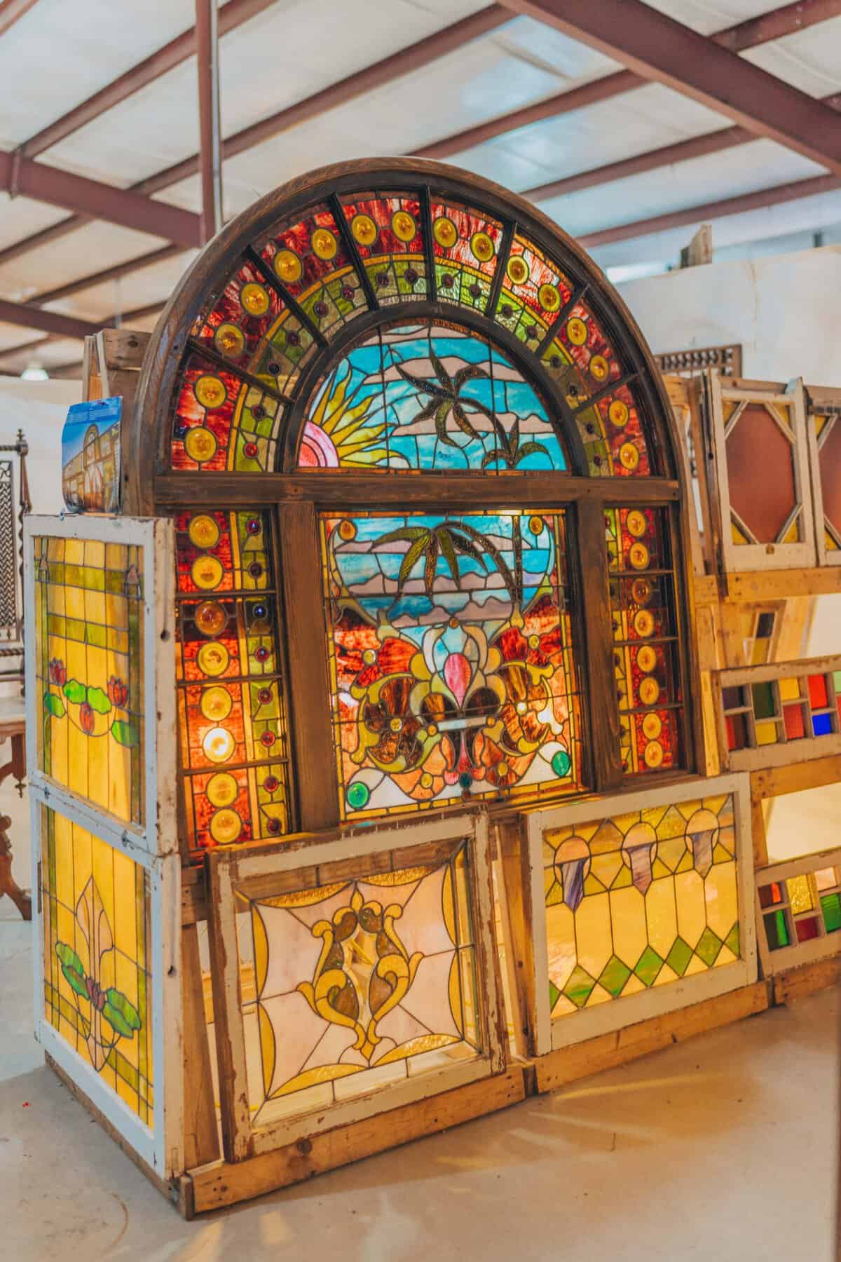 Antique stained glass panels for sale at the Round Top Antiques Fair