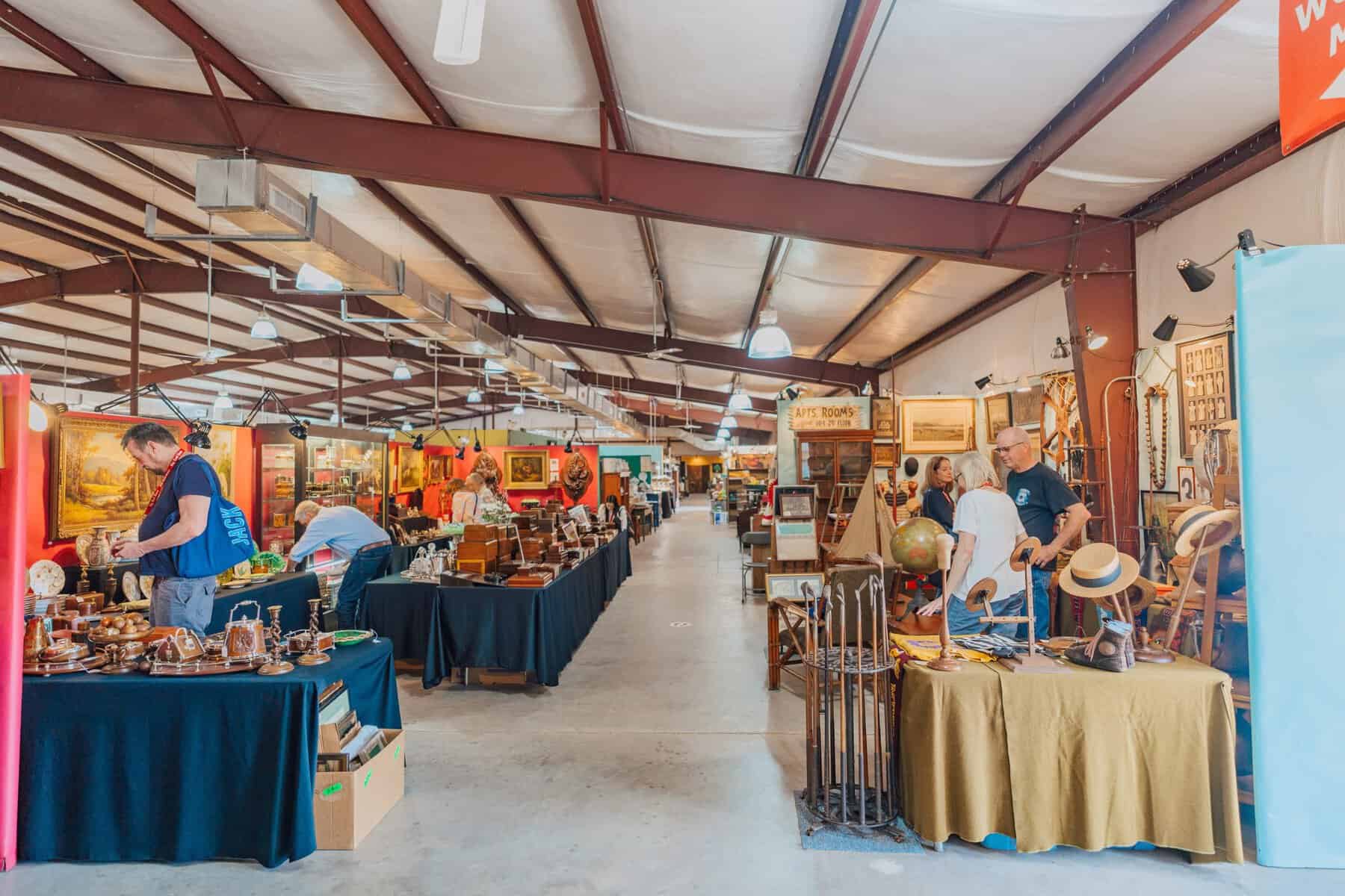 Rows of vendor booths at the Original Round Top Antiques Fair in Texas