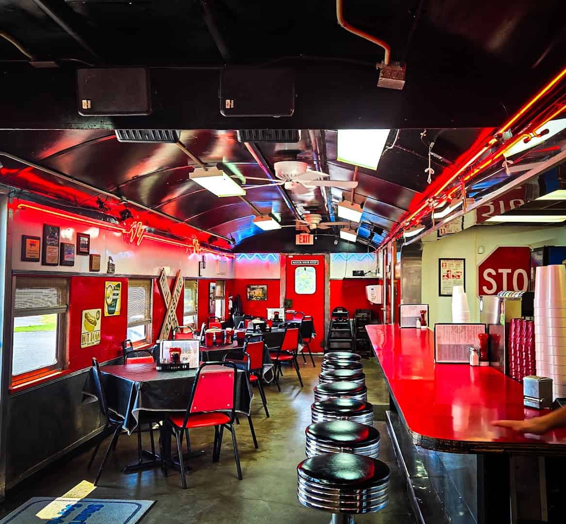 Chrome and checkered dining room inside the Runaway Train Cafe rail car in Brownwood, Texas