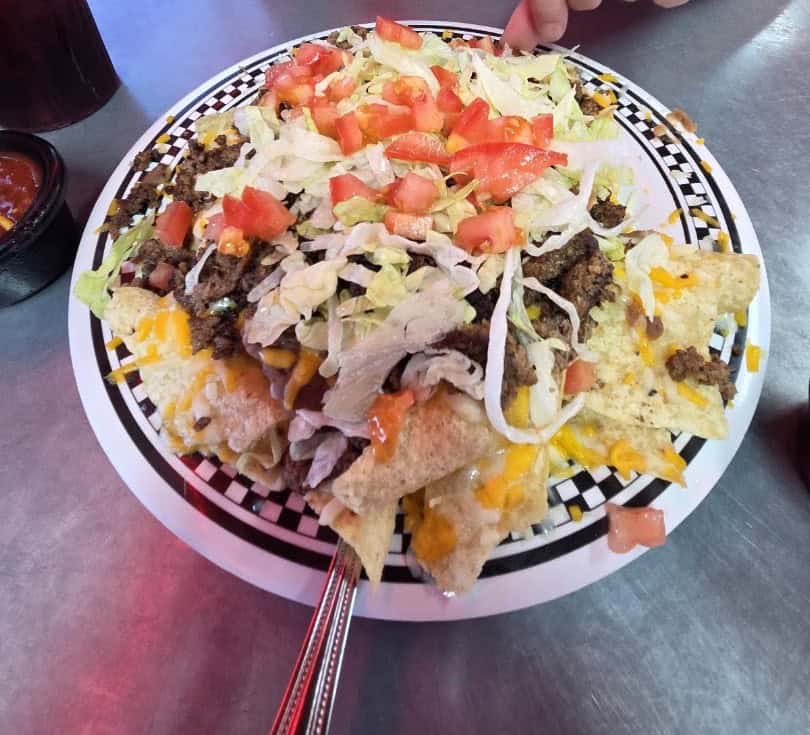 Loaded nachos with beef, cheese and tomatoes at the Runaway Train Cafe in Brownwood, Texas