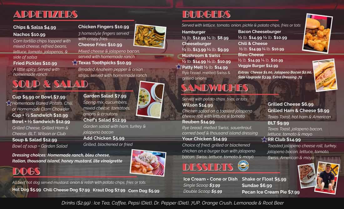Printed menu of burgers and appetizers at the Runaway Train Cafe in Brownwood, Texas