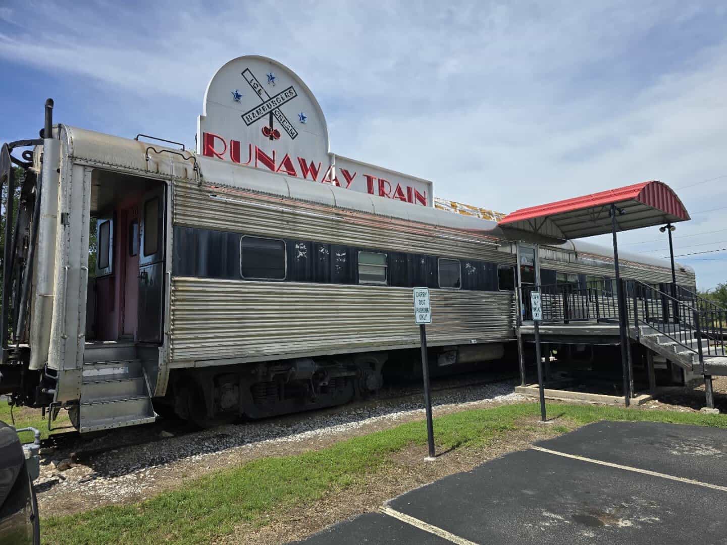 Vintage stainless rail car that houses the Runaway Train Cafe in Brownwood, Texas
