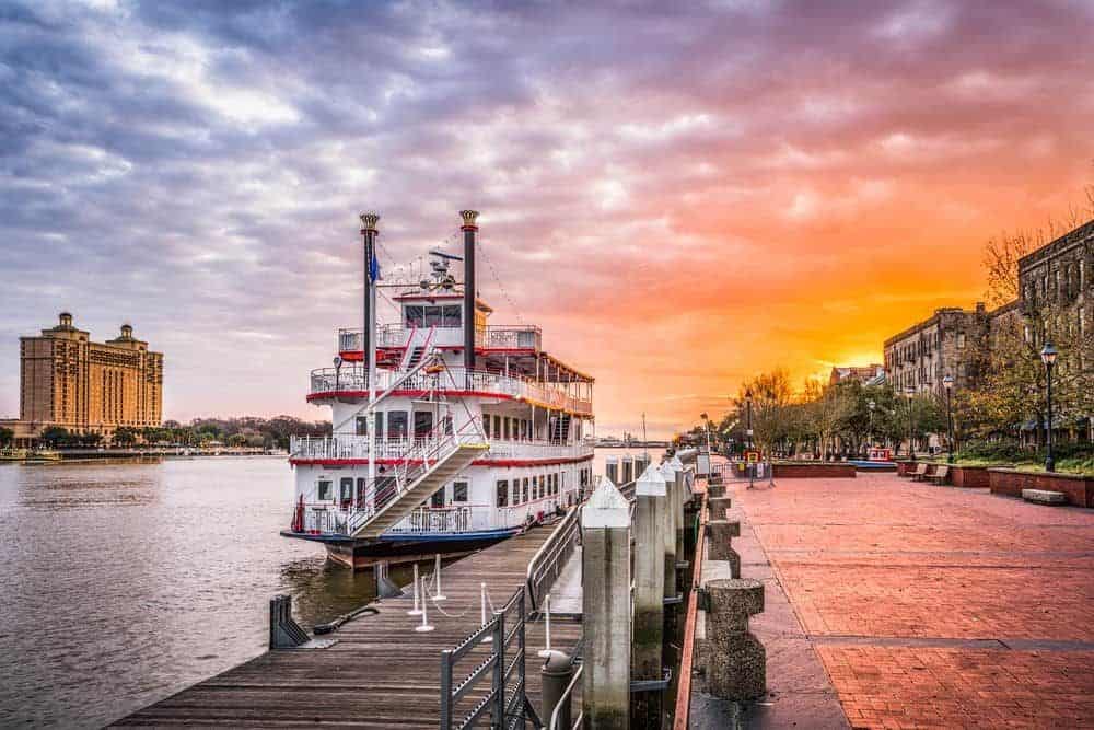 A riverboat along River Street at sunset in Savannah, Georgia